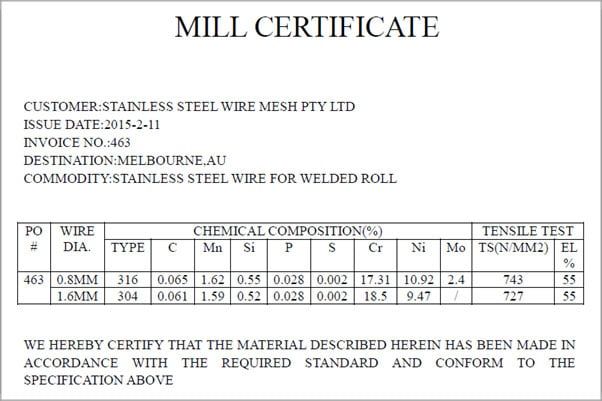 stainless steel wire & mesh mill certificate