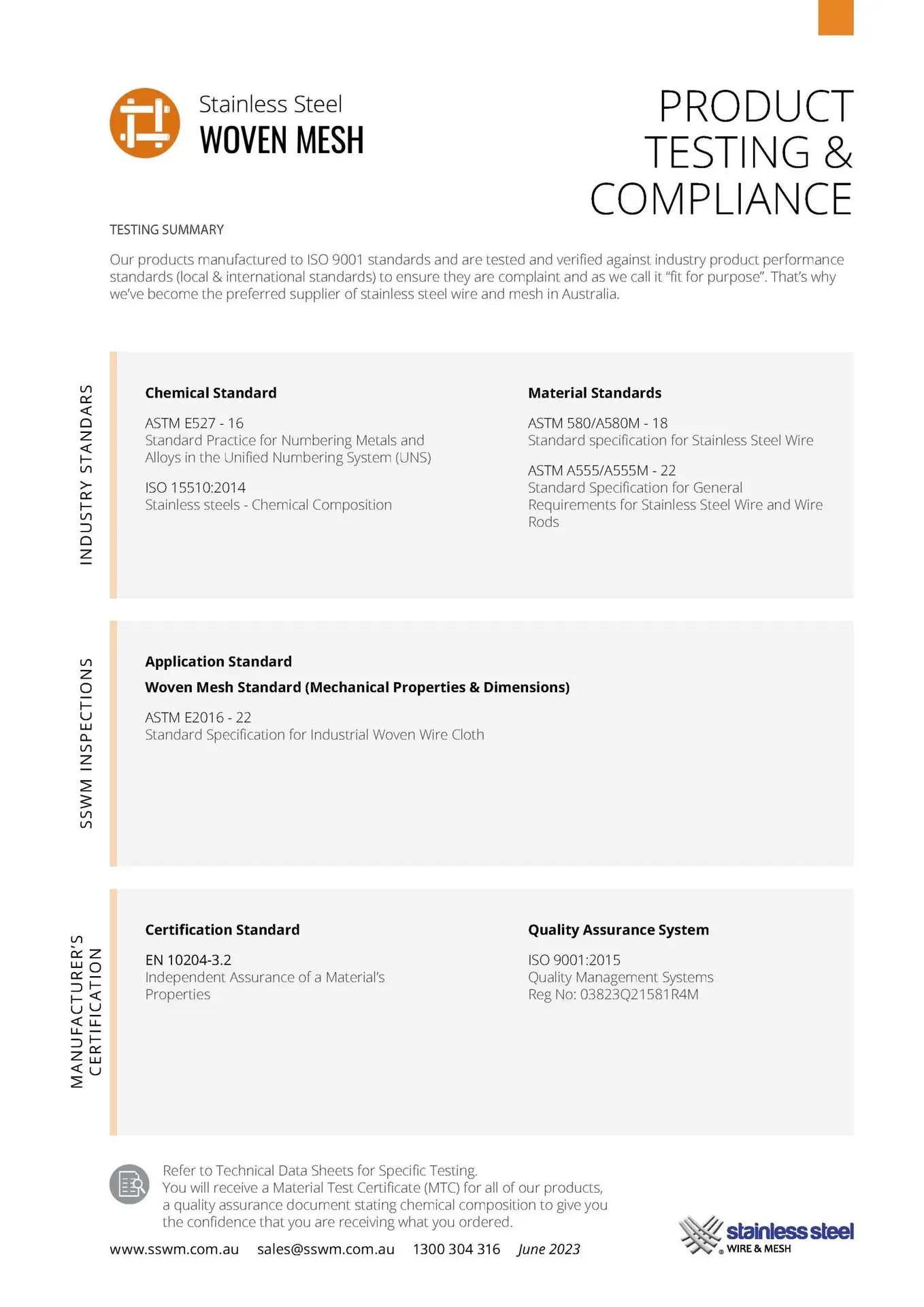 Stainless Steel Woven Mesh Testing & Compliance Information